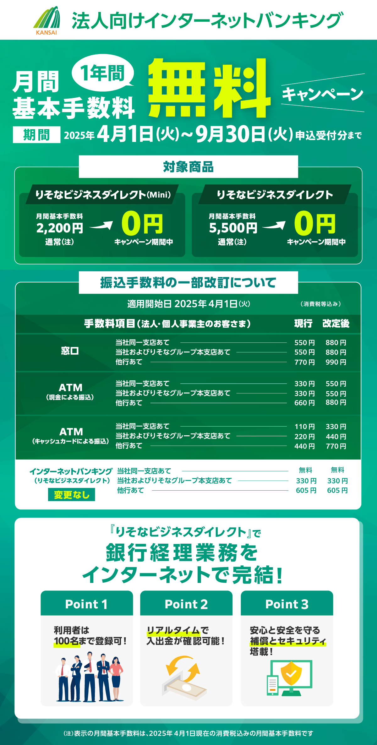 法人向けインターネットバンキング 月間基本手数料1年間無料キャンペーン