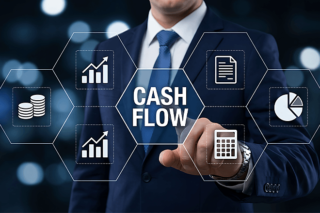 スーツ姿の人物が「CASH FLOW」と表示された六角形のアイコン群に指を伸ばしているイメージ画像