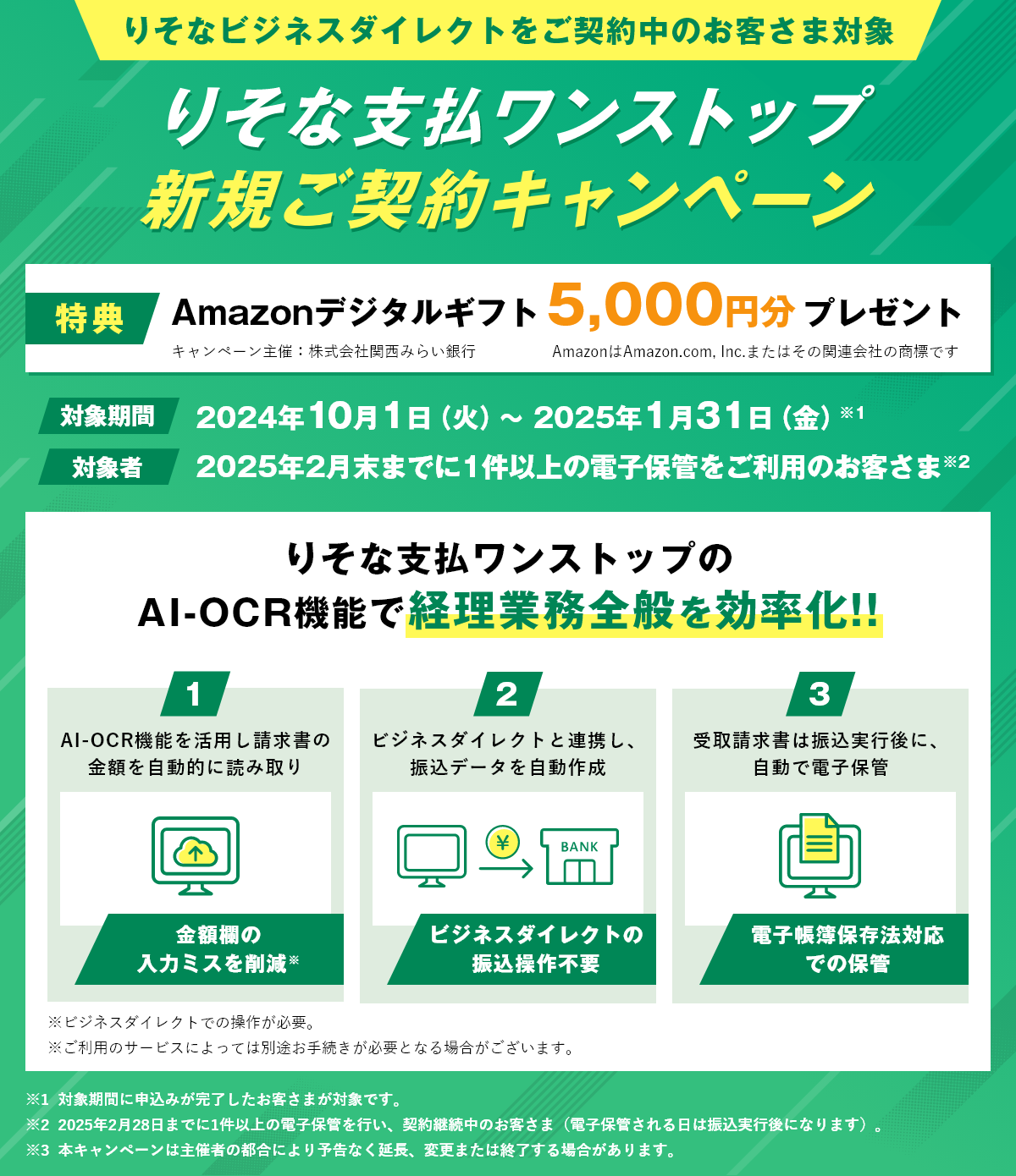対象期間中にりそな支払ワンストップを新規ご契約し電子保管をご利用いただくと、デジタルギフトをプレゼント!