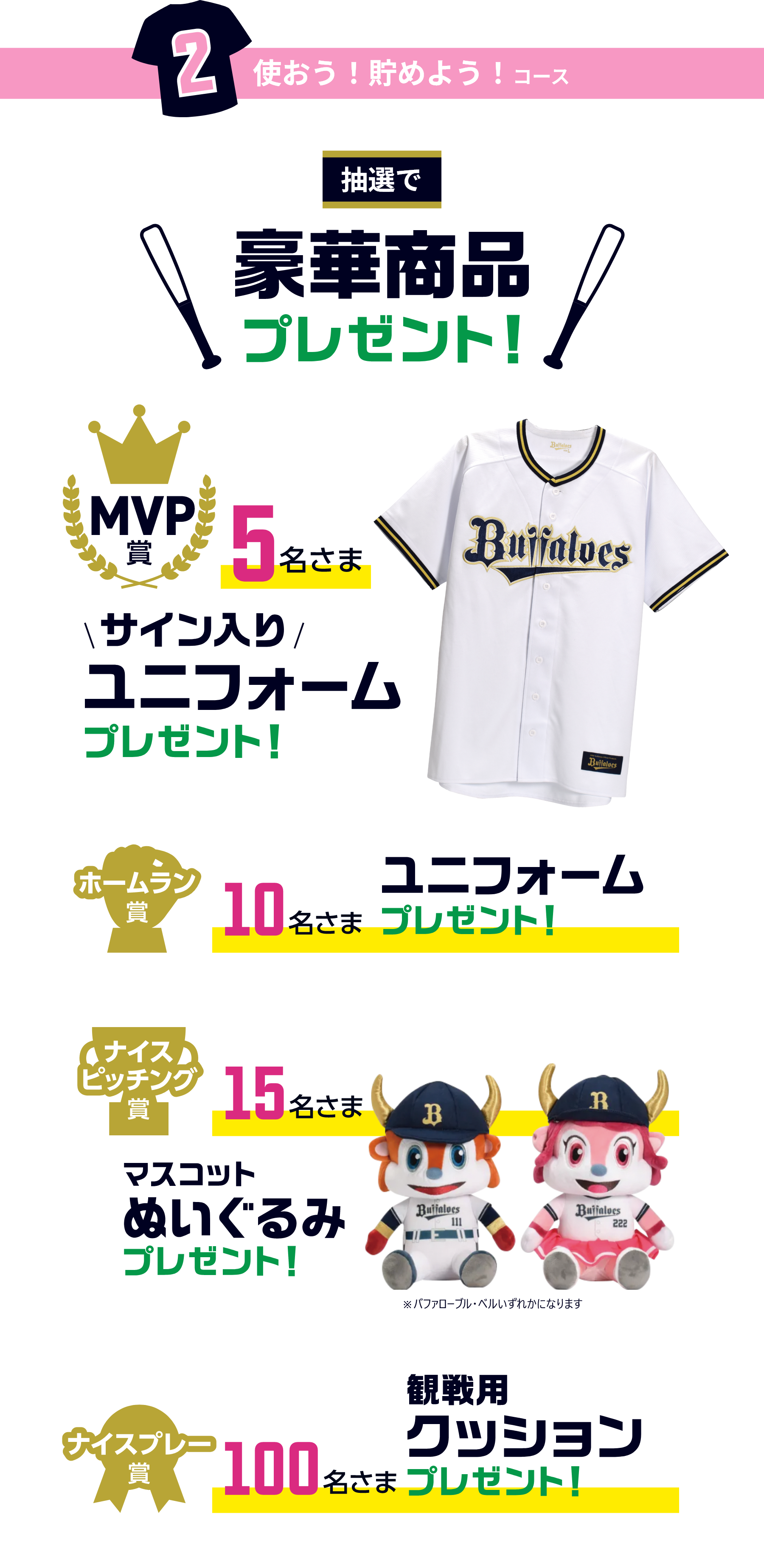 使おう!貯めよう!コース 抽選で豪華賞品プレゼント MVP賞5名さま:サイン入りユニフォームプレゼント ホームラン賞:10名さまユニフォームプレゼント ナイスピッチング賞:15名さまマスコットぬいぐるみプレゼント ナイスプレー賞:100名さまオリジナル観戦用クッションプレゼント