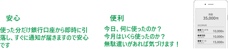 安心：使った分だけ銀行口座から即時に引落し、すぐに通知が届きますので安心です 便利：今日、何に使ったのか？今月はいくら使ったのか？無駄遣いがあれば気づけます！