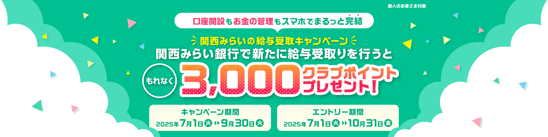 個人のお客さま対象 口座開設もお金の管理もスマホでまるっと完結 関西みらいの給与受取キャンペーン 関西みらい銀行で新たに給与受取りを行うと もれなく3000クラブポイントプレゼント! キャンペーン期間 2025年7月1日火曜日～9月30日火曜日 エントリー期間 2025年7月1日火曜日～10月31日金曜日