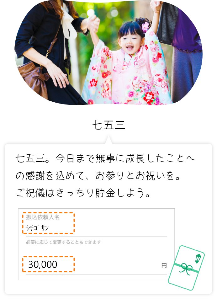 七五三 七五三。今日まで無事に成長したことへの感謝を込めて、お参りとお祝いを。ご祝儀はきっちり貯金しよう。 振込依頼人名シチゴサン 必要に応じて変更することもできます 30,000円