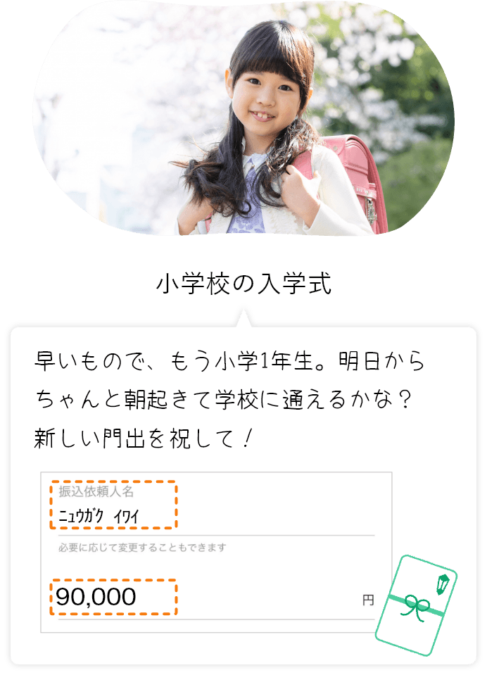 小学校の入学式 早いもので、もう小学1年生。 明日からちゃんと朝起きして学校に通えるかな?新しい門出を祝して! 振込依頼人名ニュウガクイワイ 必要に応じて変更することもできます 90,000円