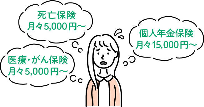 医療・がん保険 月々5,000円～ 死亡保険 月々5,000円～ 個人年金保険 月々15,000円～