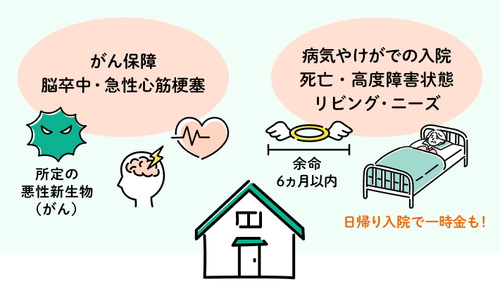 がん保障、脳卒中・急性心筋梗塞 病気やけがでの入院、死亡・高度障害状態 、リビングニーズ