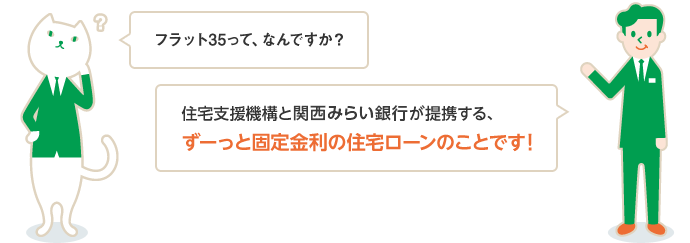 フラット35って、なんですか？ 住宅支援機構と関西みらい銀行が提携する、ずーっと固定金利の住宅ローンのことです！