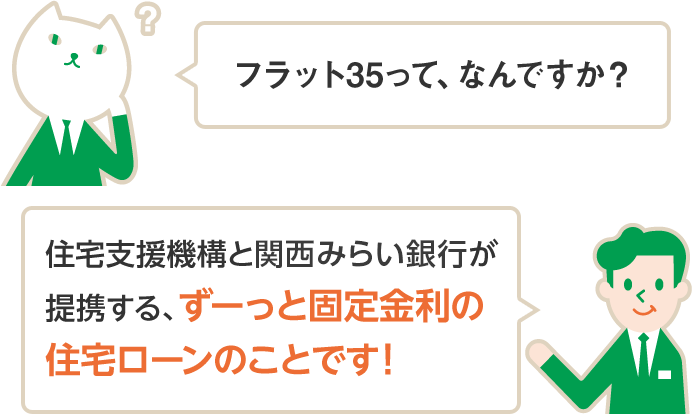 フラット35って、なんですか？ 住宅支援機構と関西みらい銀行が提携する、ずーっと固定金利の住宅ローンのことです！