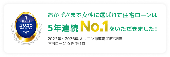 第1位 オリコン顧客満足度 住宅ローン 女性 おかげさまで女性に選ばれて住宅ローンは5年連続No.1をいただきました！2022年〜2026年 オリコン顧客満足度Ⓡ調査 住宅ローン 女性 第1位