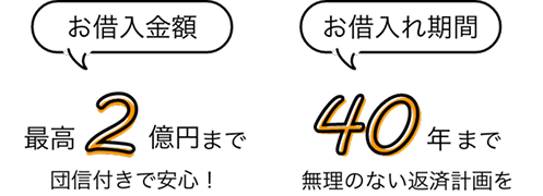 お借入金額最高2億円まで団信付きで安心！お借入れ期間40年まで無理のない返済計画を