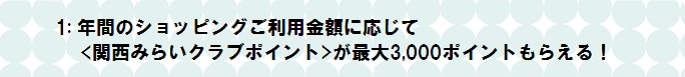 1:年1回のショッピングご利用で《関西みらいクラブポイント》翌年度以降1,000ポイント（1,000円相当）プレゼント！