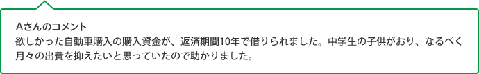 Aさんのコメント 欲しかった自動車購入の購入資金が、返済期間10年で借りられました。中学生の子供がおり、なるべく月々の出費を抑えたいと思っていたので助かりました。
