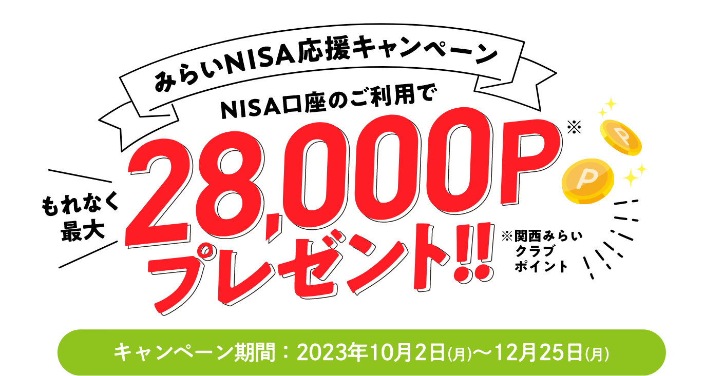 みらいNISA応援キャンペーン NISA講座のご利用で 最大28,000ポイントプレゼント キャンペーン期間：2023年10月2日（月）〜12月25日（月）