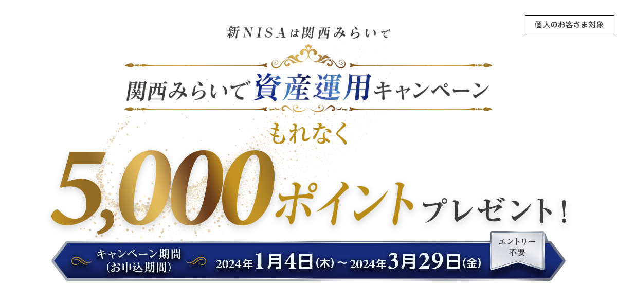 新NISAは関西みらいで！もれなく5000ポイントプレゼント！関西みらいで資産運用キャンペーン エントリー不要　キャンペーン期間（お申込期間）：2024年1月4日（木）〜2024年3月29日（金）