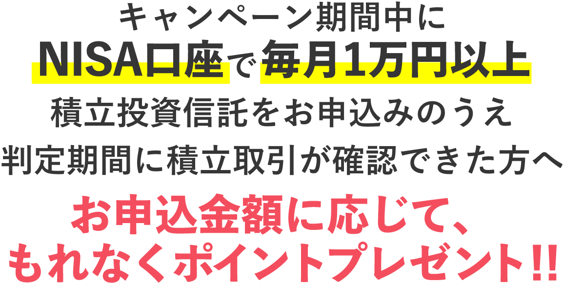 キャンペーン期間中にNISA口座で毎月1万円以上積立投資信託をお申込みのうえ判定期間に積立取引が確認できた方へ お申込金額に応じて、もれなくポイントプレゼント！！