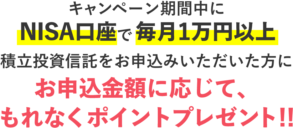 キャンペーン期間中にNISA口座で毎月1万円以上積立投資信託をお申込みいただいた方にお申込金額に応じて、もれなくポイントプレゼント！！