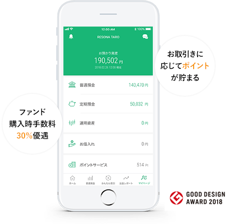 GOOD DESIGN AWARD 2018年度受賞 りそなグループアプリ「ファンド購入時手数料30%優遇」「お取引きに応じてポイントが貯まる」