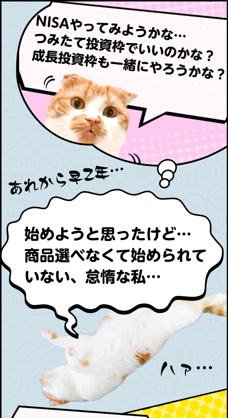 やってみようかな…つみたてNISAでいいのかな？NISAも楽しそうだけどな！あれから早Z年…始めようと思ったけど…商品選べなくて始められていない、怠惰な私…