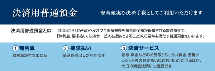決済普通預金とは2005年4月からのペイオフ全面解禁後も預金の全額が保護される普通預金で、「無利息、要求払い、決済サービスを提供できること」の3要件を満たす普通預金をいいます。