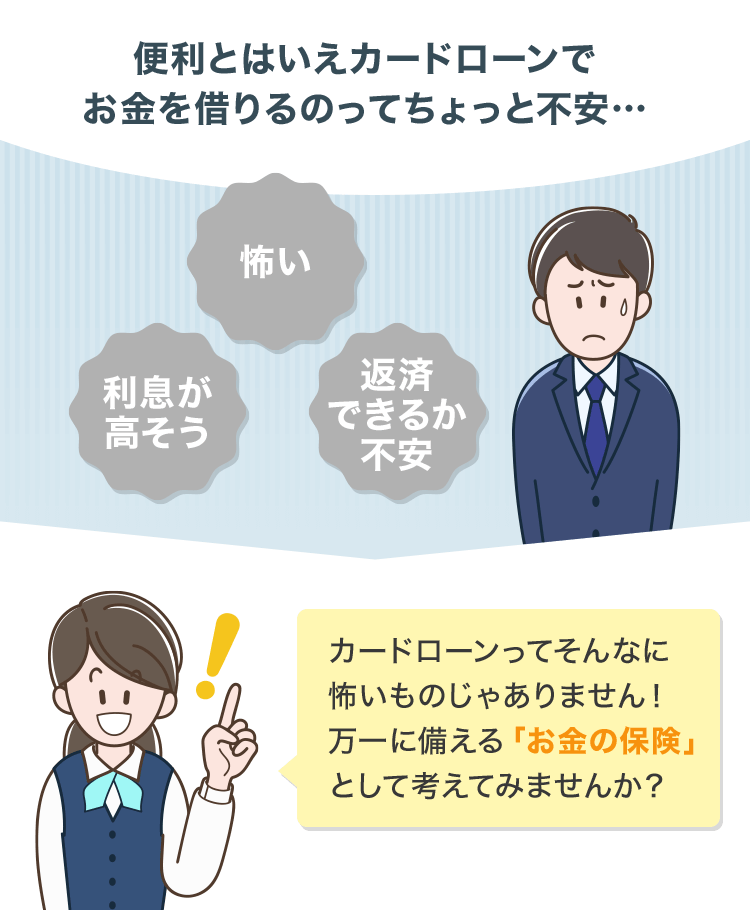 便利とはいえカードローンで お金を借りるのってちょっと不安…カードローンってそんなに 怖いものじゃありません！ 万一に備える「お金の保険」 として考えてみませんか？
