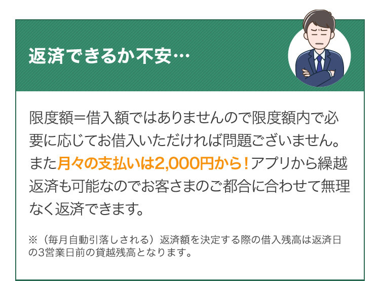 返済できるか不安…限度額＝借入額ではありませんので限度額内で必要に応じてお借入いただければ問題ございません。また月々の支払いは2,000円から！アプリから繰越返済も可能なのでお客さまのご都合に合わせて無理なく返済できます。※（毎月自動引落しされる）返済額を決定する際の借入残高は返済日の3営業日前の貸越残高となります。 