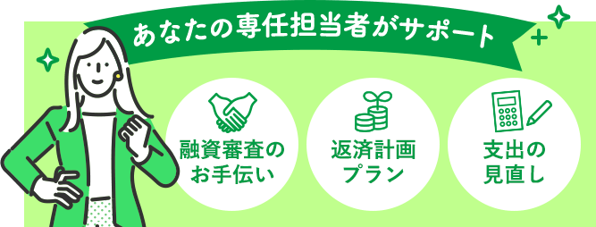 あなたの専任担当者が融資審査のお手伝い、返済計画プラン、支出の見直しをサポート