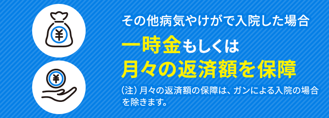 その他病気やけがで入院した場合 一時金もしくは月々の返済額を保障 (注)月々の返済額の保障は、ガンによる入院の場合を除きます。
