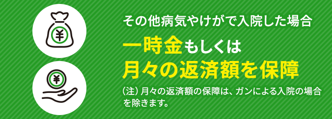 その他病気やけがで入院した場合 一時金もしくは月々の返済額を保障 (注)月々の返済額の保障は、ガンによる入院の場合を除きます。